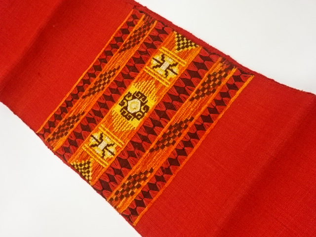 リサイクル　手織り真綿紬変わり織横段に幾何学・抽象模様織出し名古屋帯